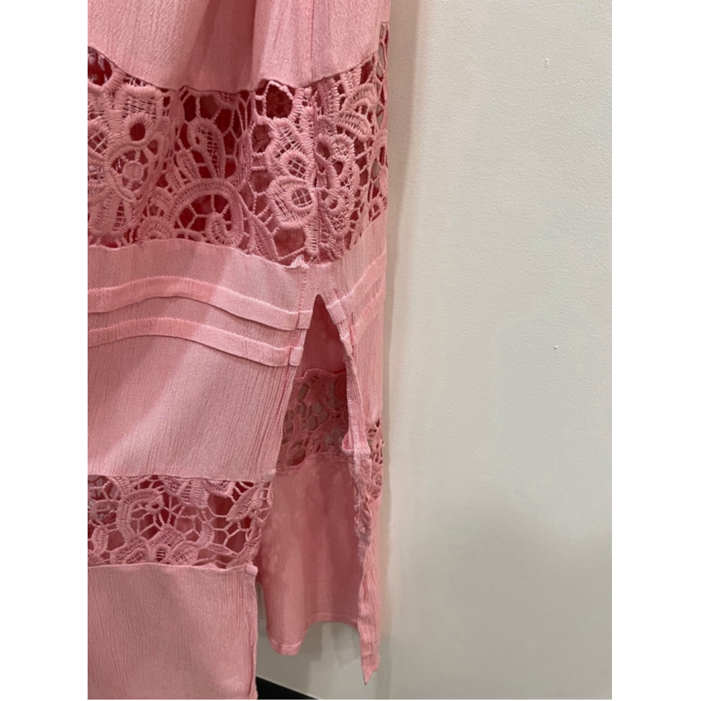 Amiani Tiered Pink Maxi Dress Lace Crochet XL Lightweight Rayon Resort Wear - Picture 4 of 11